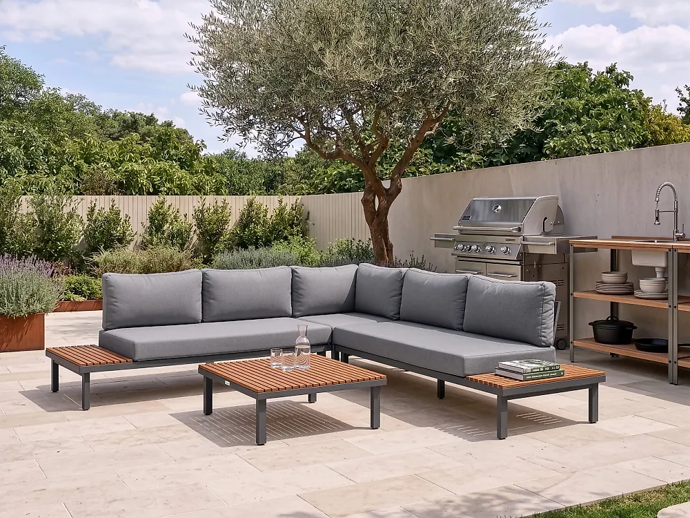 Garden Corner Sofa with Table 5 Seater FIVIZZANO Acacia Wood Dark Grey