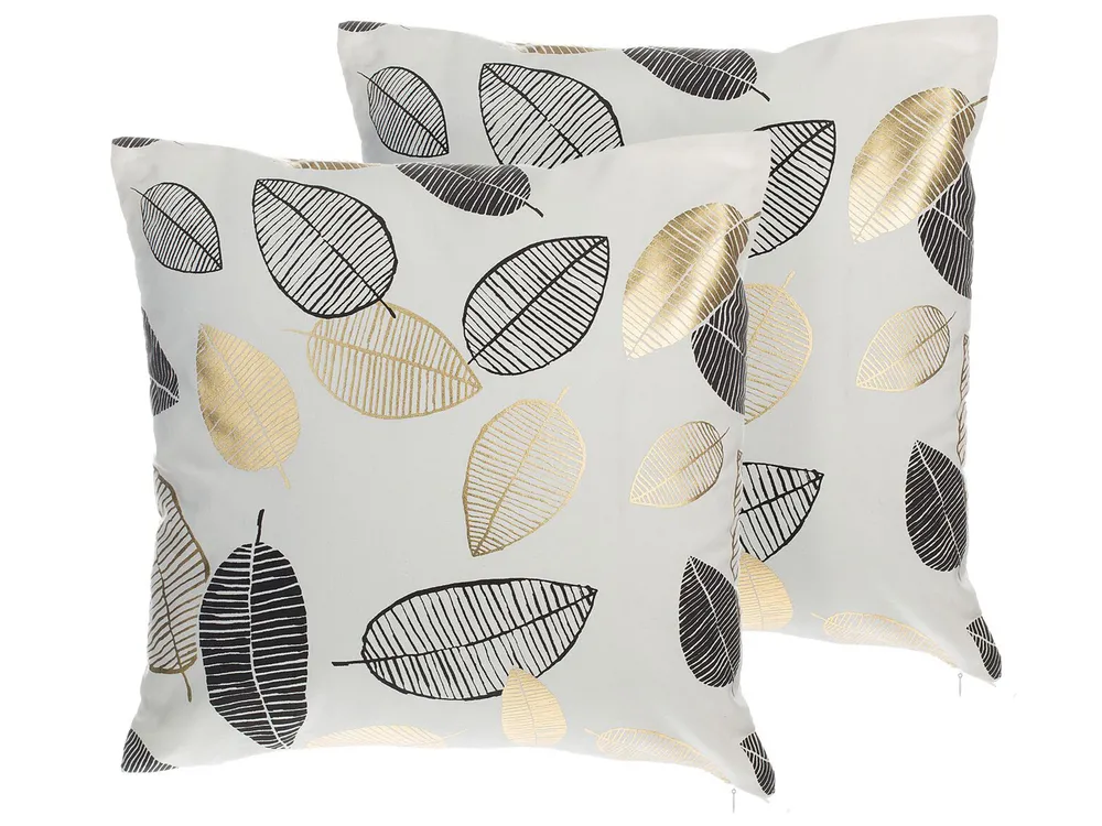 Set med 2 prydnadskuddar LOTUS 45 x 45 cm Bomull Vit Guld Svart Växtmotiv