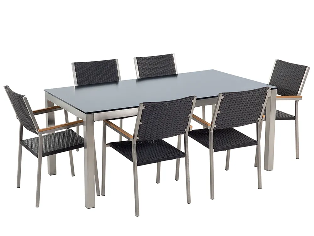 Garden Dining Set 6 Seater GROSSETO Tempered Glass Black