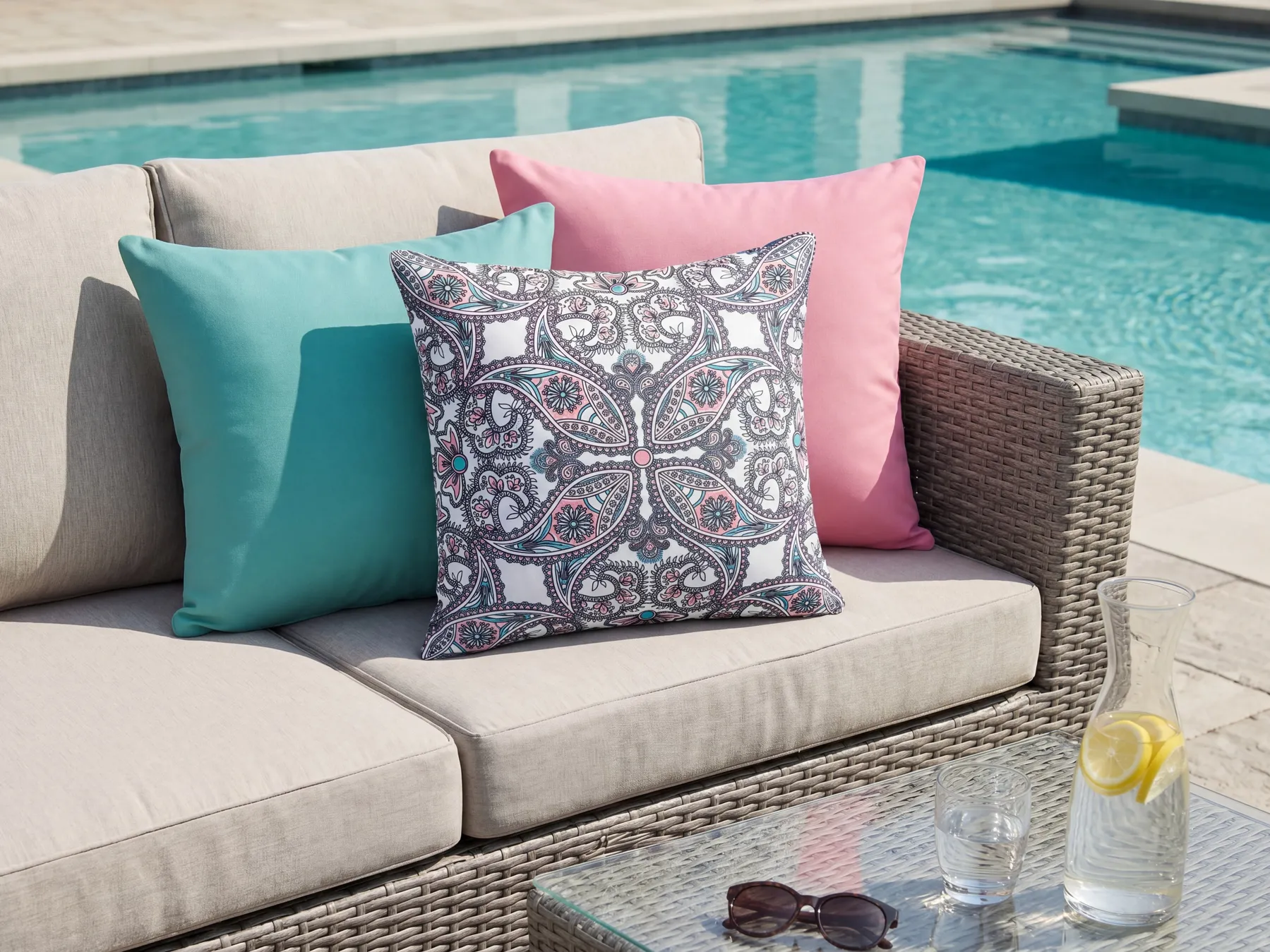 Set of 3 Outdoor Cushions TIDE Solid Oriental Pattern 45 x 45 cm Multicolour_979925