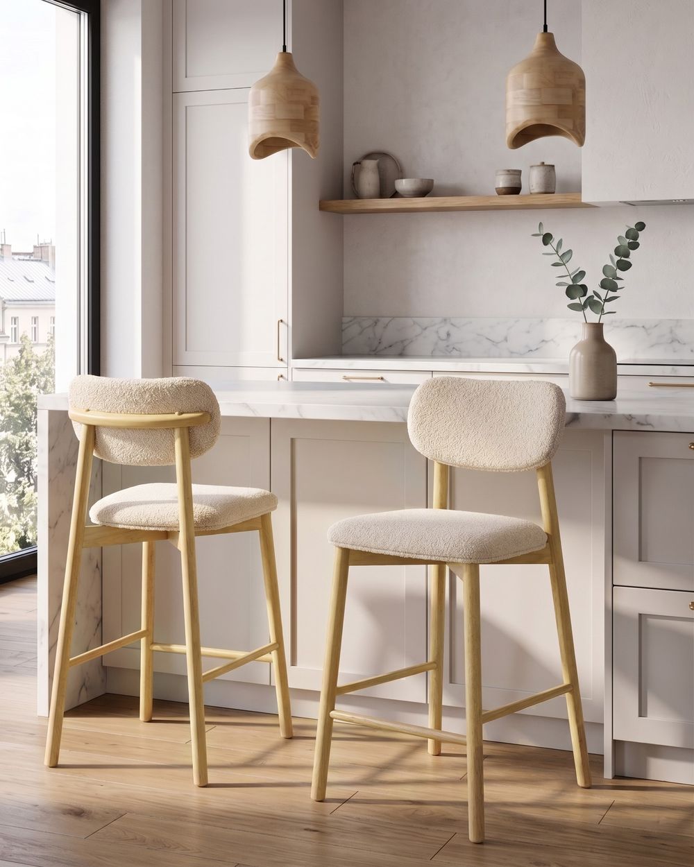 Sett med 2 barstoler MILLS Bouclé Lysebrun/beige