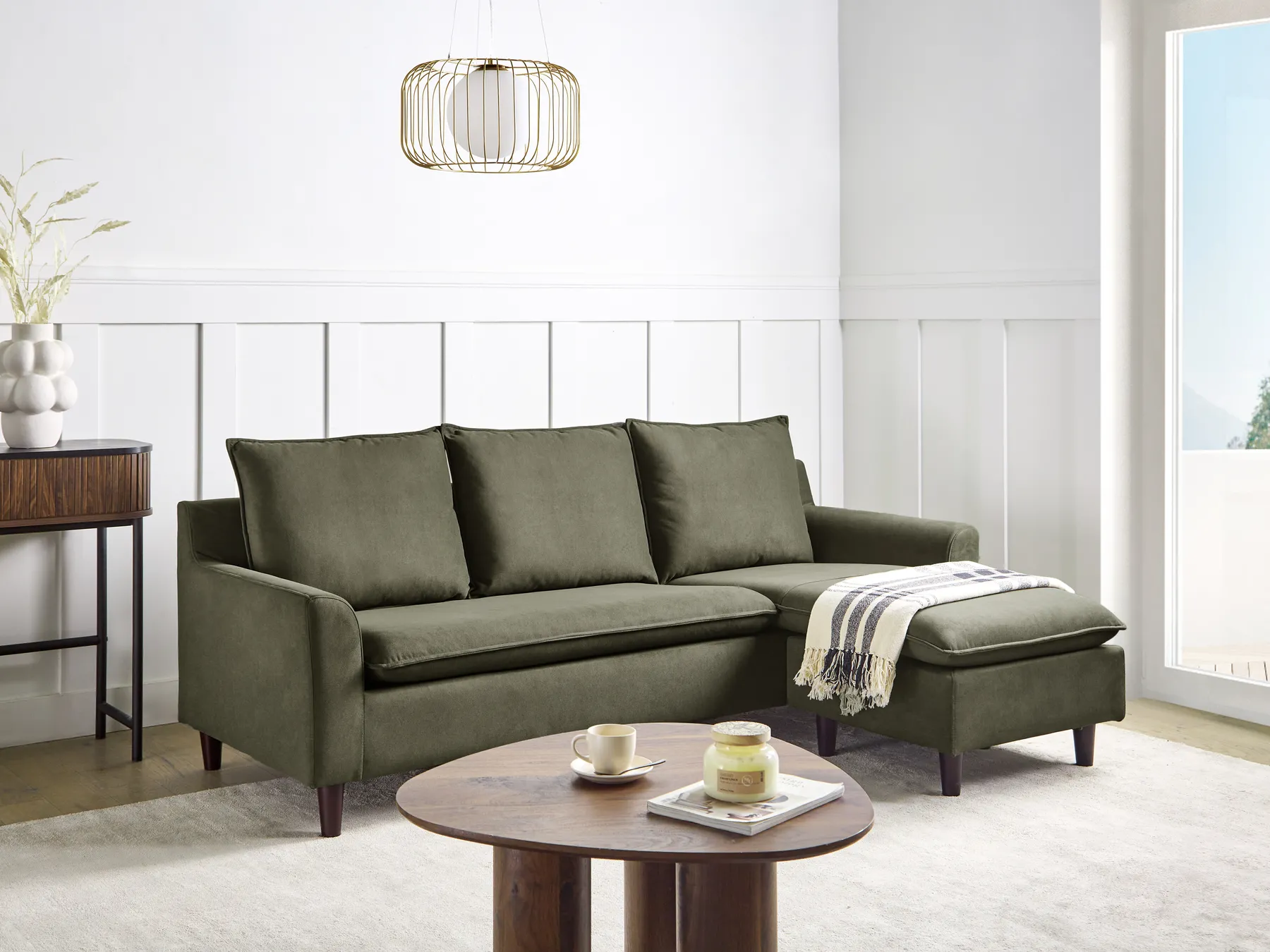 Corner Sofa 3 Seater ELVENES Velvet Dark Green Left Hand_966787
