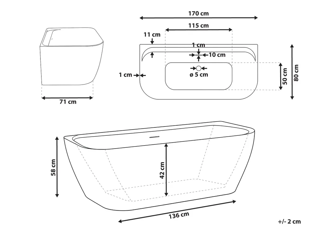 Back to Wall Bathtub TAUCA 1700 x 800 mm White_1149550