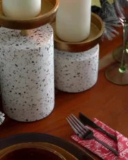 Set of 2 Candle Holders KAENGAN 13/24 cm Stone Terrazzo Effect Gold_999494