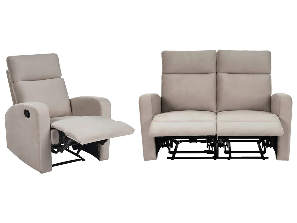 Electric Recliner Living Room Set 3 Seater VERDAL Velvet Beige