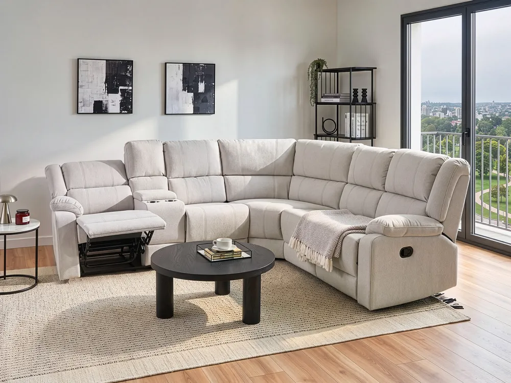 Manual Recliner Corner Sofa 5 Seater ROKKE Fabric Off-White Light Beige Left Hand_1105408