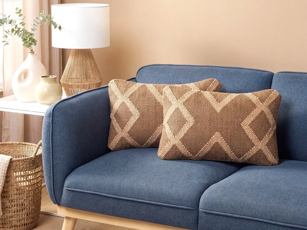 Set of 2 Decorative Cushions GOPI 30 x 50 cm Jute Light Brown Geometric Pattern