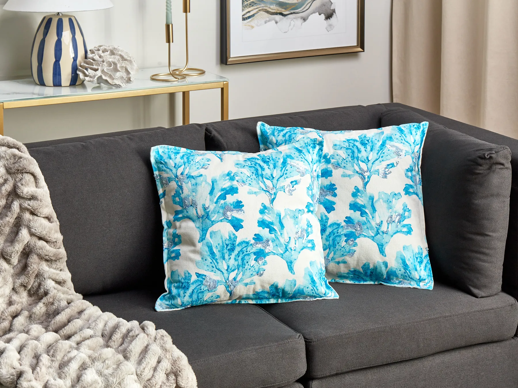 Set of 2 Decorative Cushions ROCKWEED 45 x 45 cm Cotton Blue Floral Pattern_893025