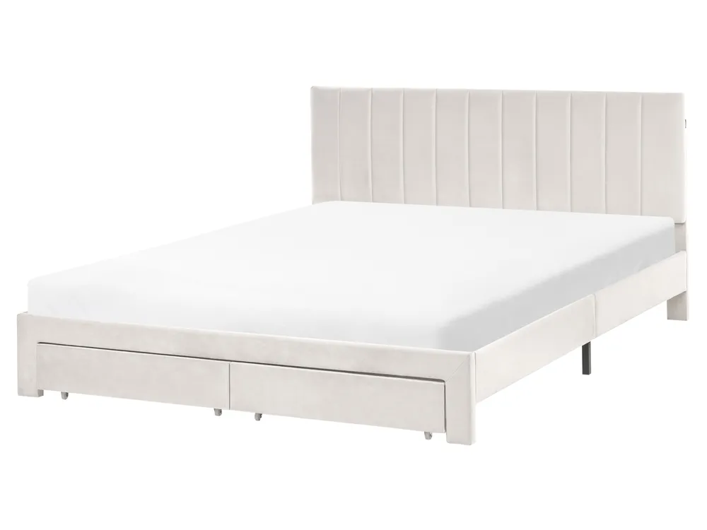 Bed with Storage Drawers LONZAC Velvet Off-White 160 x 200 cm (EU King Size)_1014781