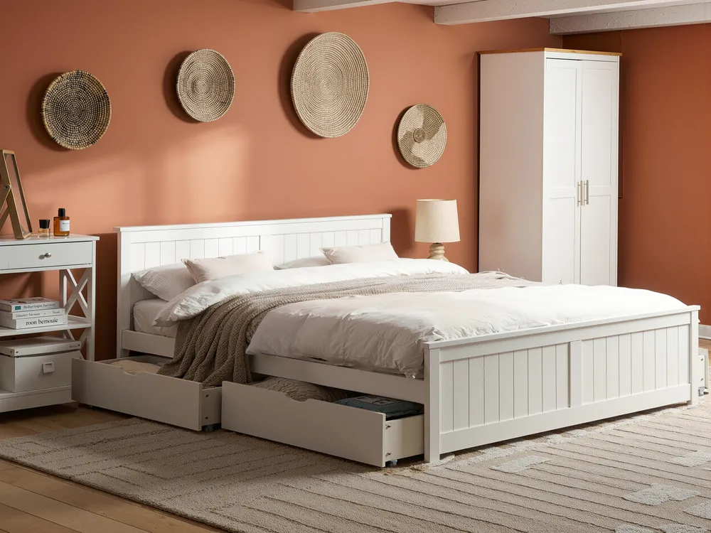 Bed with 2 Drawers SABRAN Pine Wood White 180 x 200 cm (EU Super King)_1061322