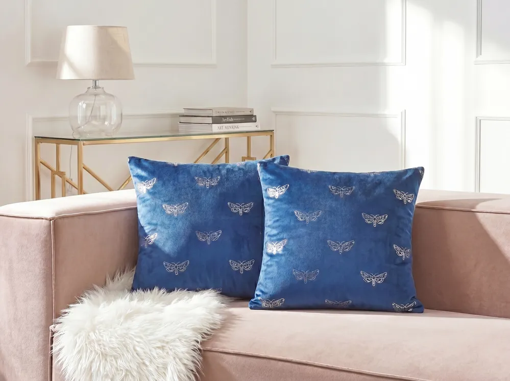Set of 2 Decorative Cushions YUZURI 45 x 45 cm Velvet Navy Blue Animal Pattern