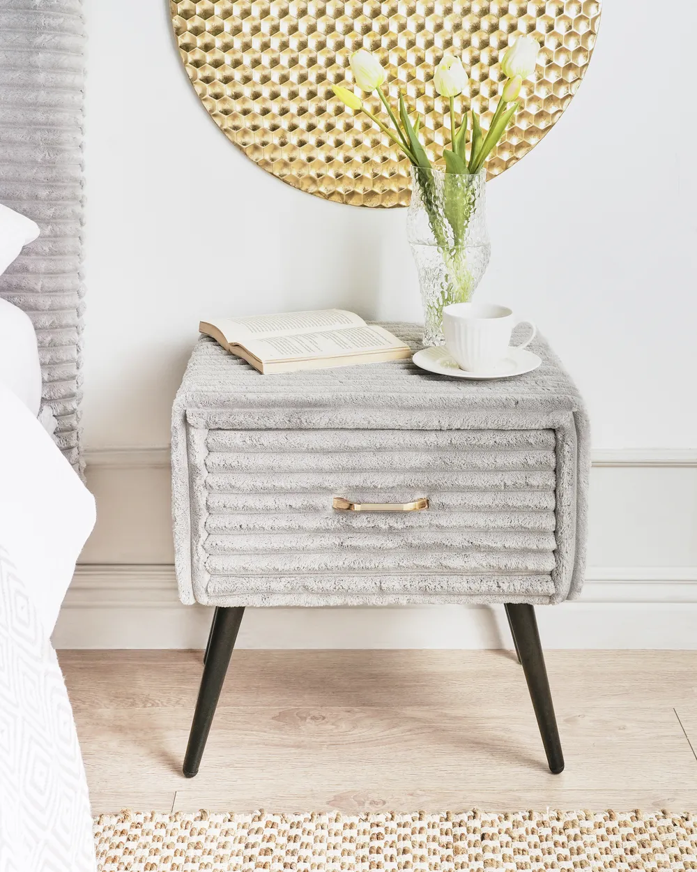 1 Drawer Bedside Table FLAYAT Corduroy Light Grey_968035