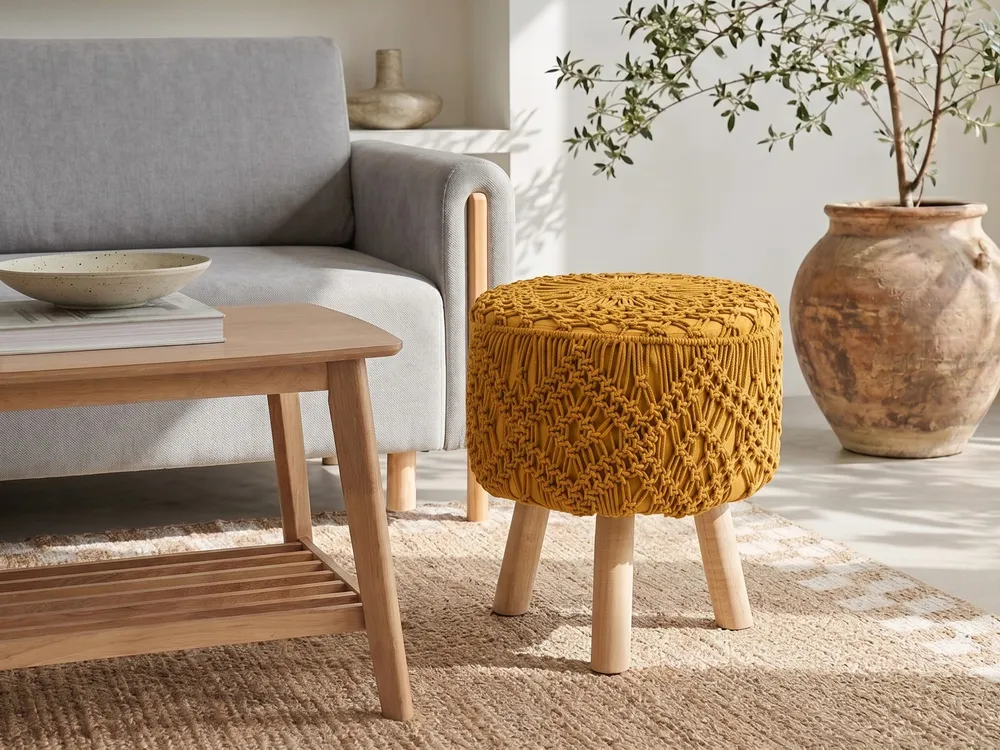 Footstool Macramé MANZAI Cotton Mustard