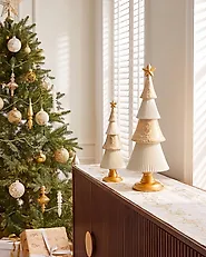 Set of 2 Christmas Decorations ASPO 32/41 cm Christmas Tree Off-White/ Gold_1175712