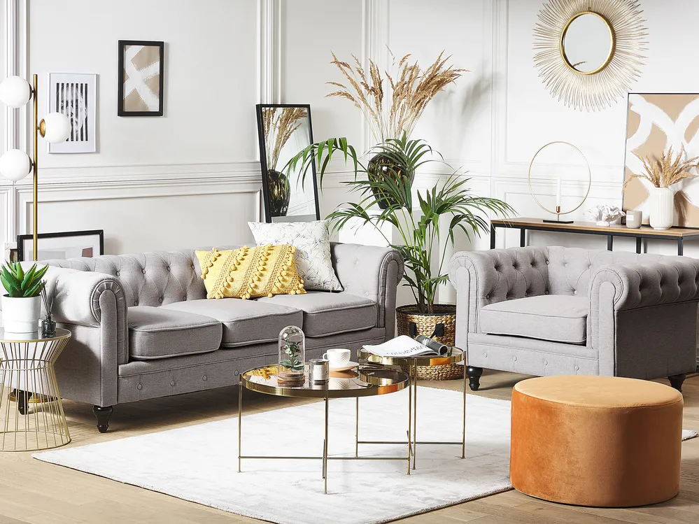 Living Room Set 4 Seater CHESTERFIELD Fabric Light Grey