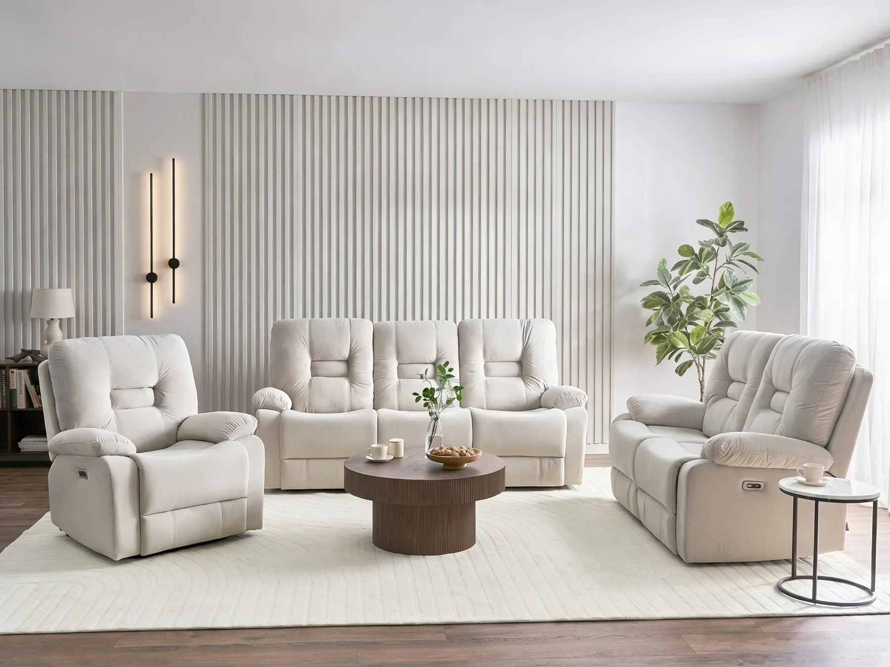Soffgrupp med elektrisk reclinerfunktion 6-sits BERGEN med USB-port Sammet Ljusbeige_1064813