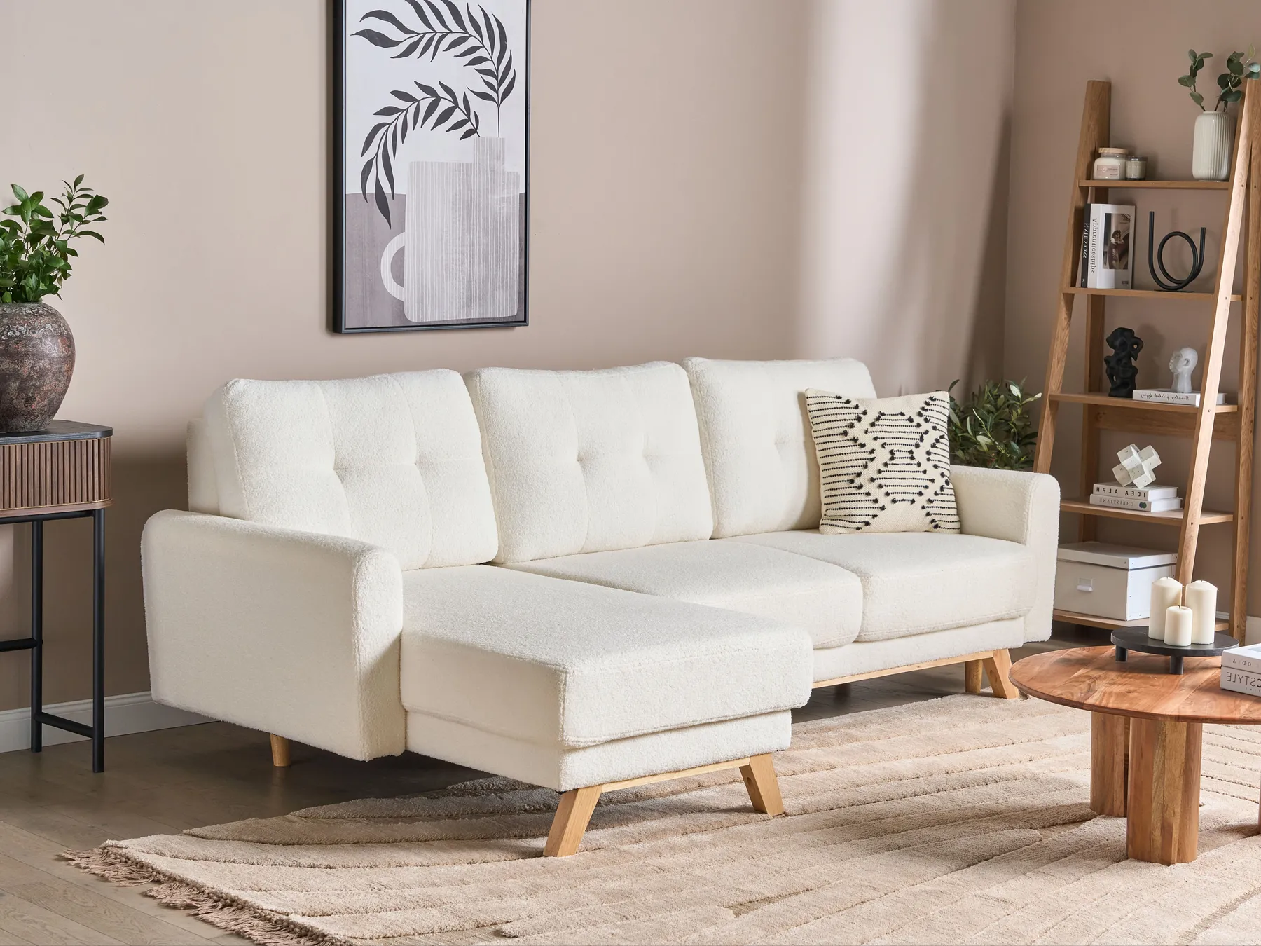 Hörnbäddsoffa 3-sits SIRO med förvaring Bouclé Off-White Högervänd_894701