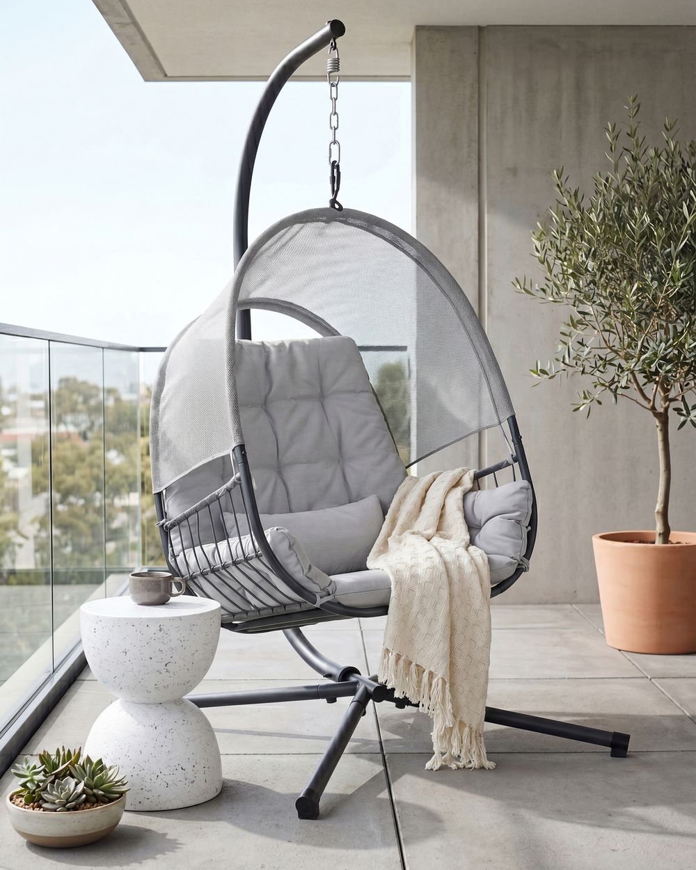 Hanging Chair with Stand ALVIANO Fabric Light Grey