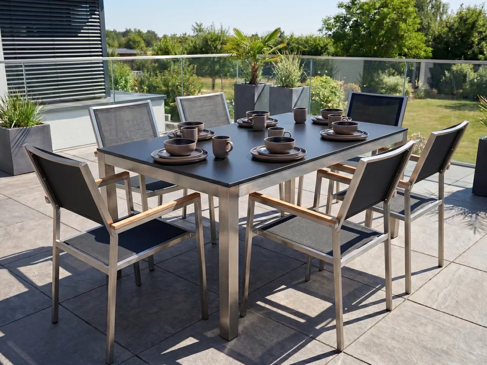Garden Dining Set 6 Seater GROSSETO Tempered Glass Black