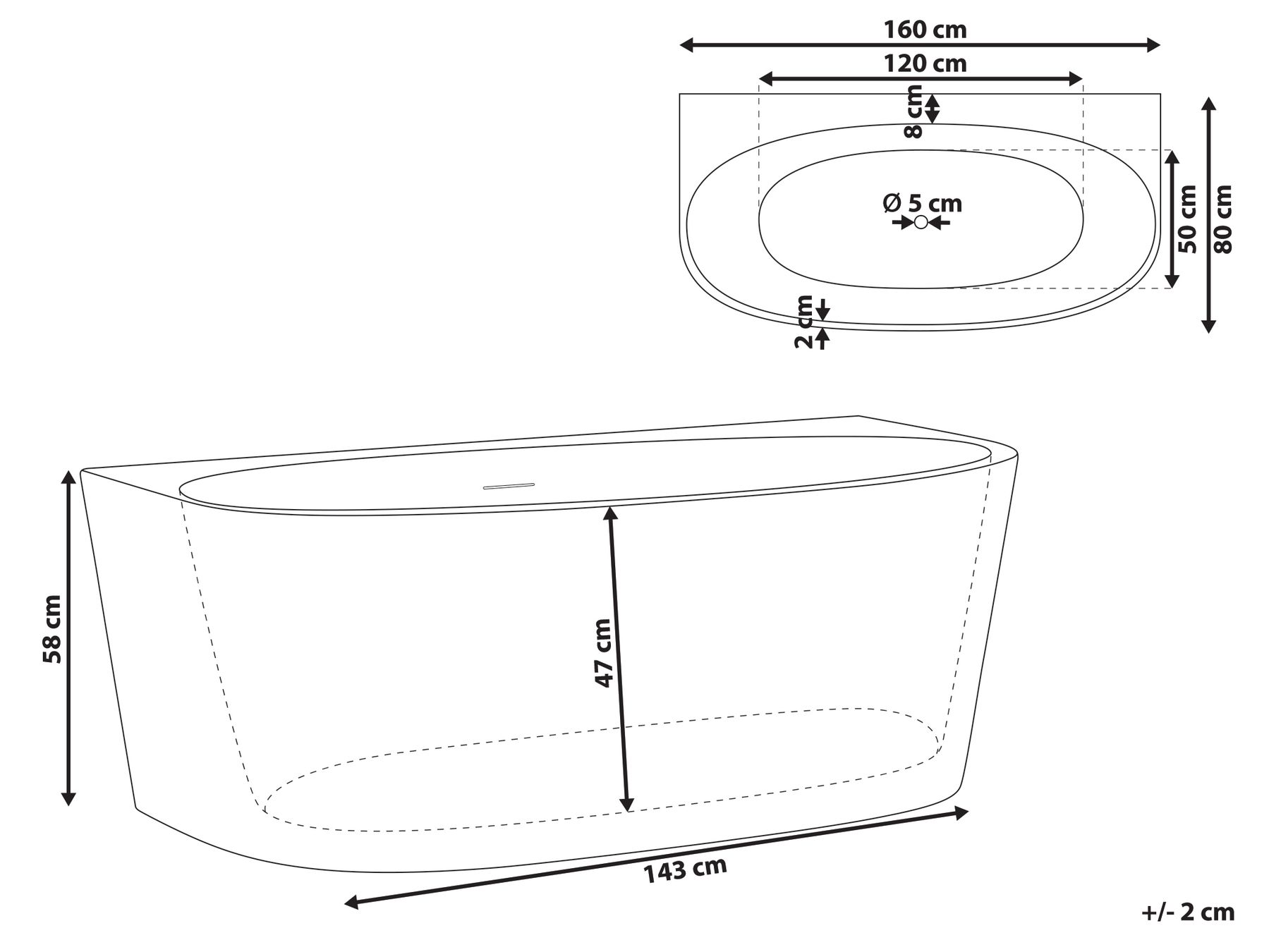 Back to Wall Bathtub PARNAIBA 1600 x 800 mm White_1168375