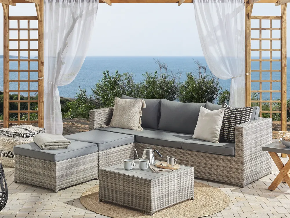 Garden Corner Sofa with Table 5 Seater SABBIA Modular PE Rattan Light Grey Left Hand