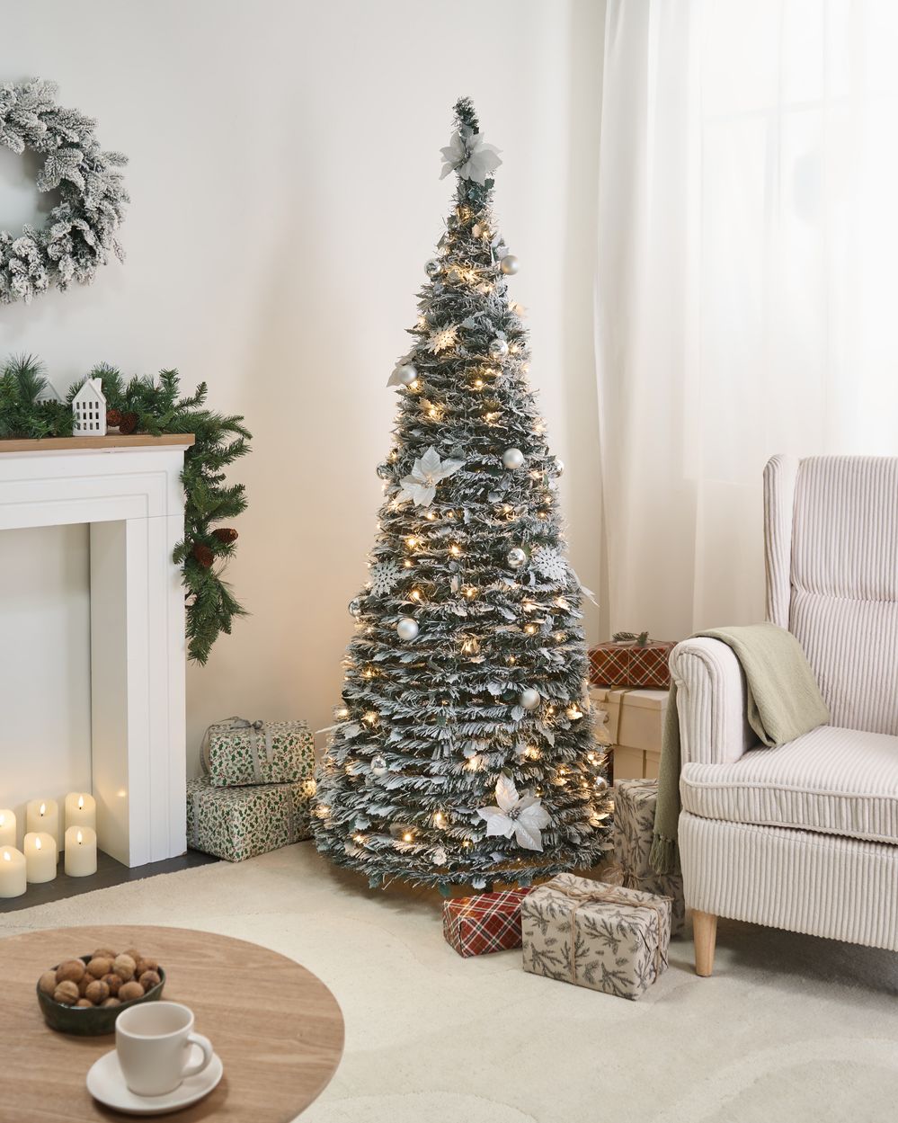 Kunstig juletre med snø Sammenleggbar LED FIRVANA 185 cm Hvit