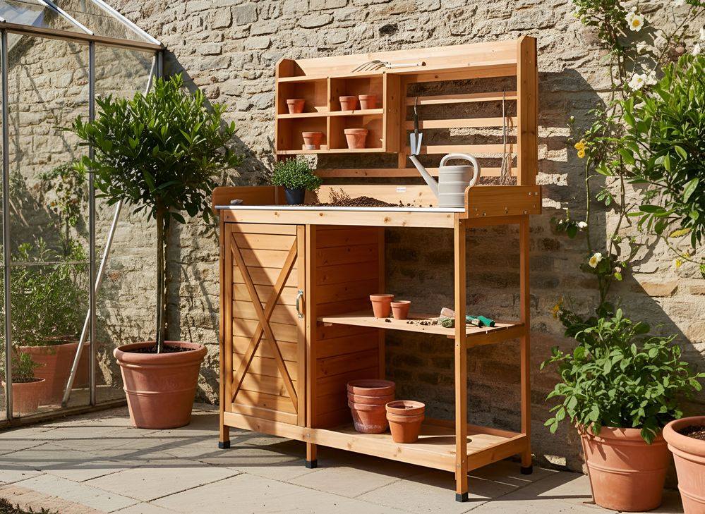 Potting Bench MELDOLA 113 cm 149 cm Fir Wood Light Brown