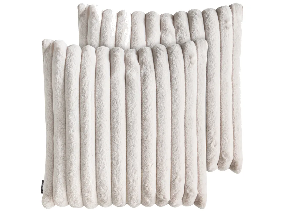Set of 2 Decorative Cushions RAKYA 45 x 45 cm Faux Fur Light Beige Striped
