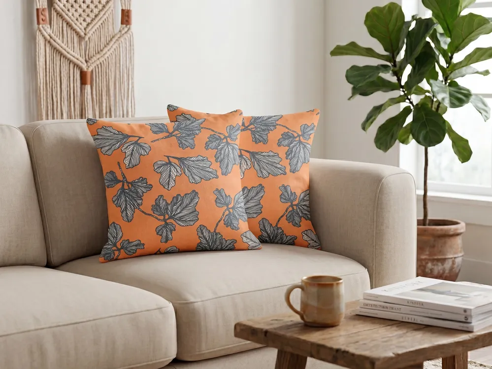 Set of 2 Decorative Cushions SPIREA 45 x 45 cm Orange Black Plant Pattern