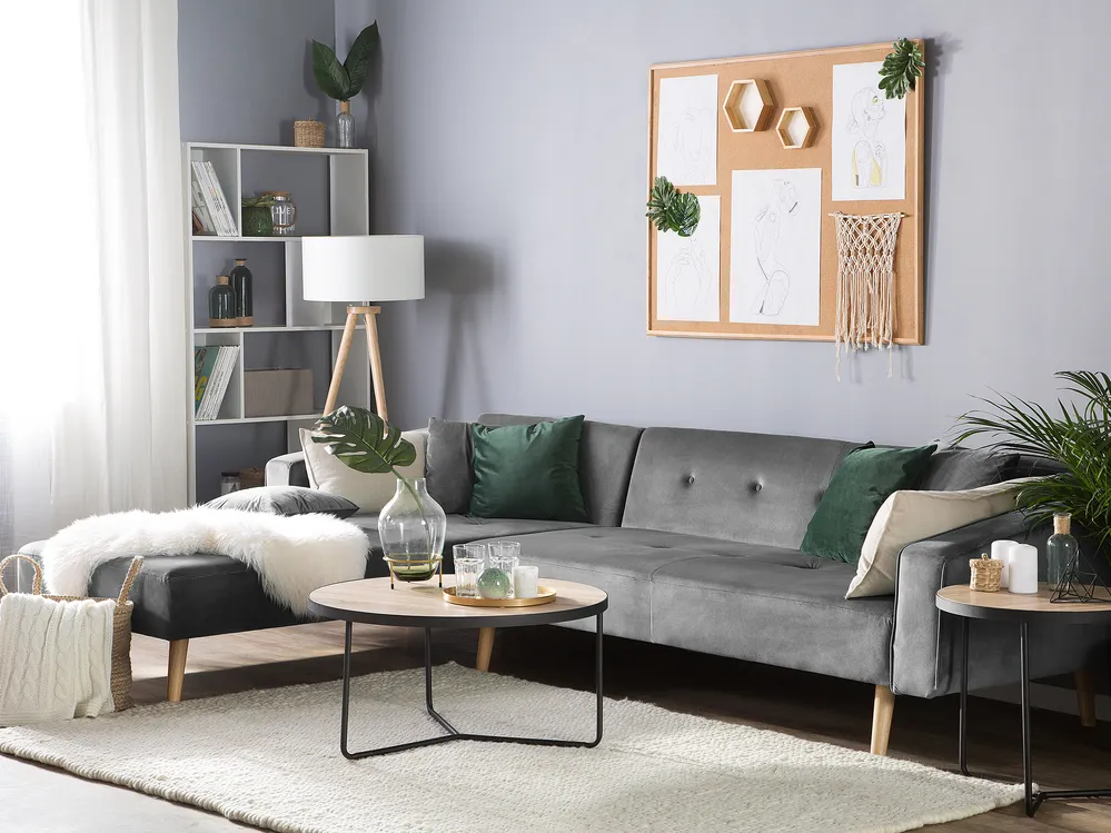 Corner Sofa Bed 4 Seater VADSO Velvet Grey Right Hand