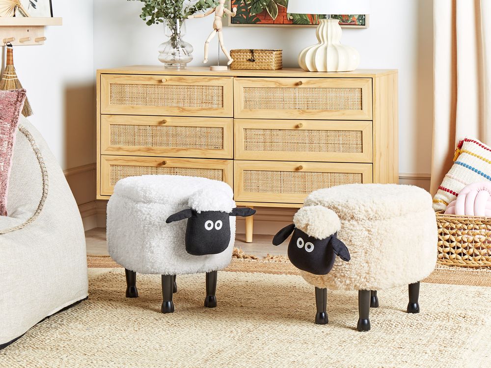Storage Animal Stool SHEEP Sheep Fabric Light Beige