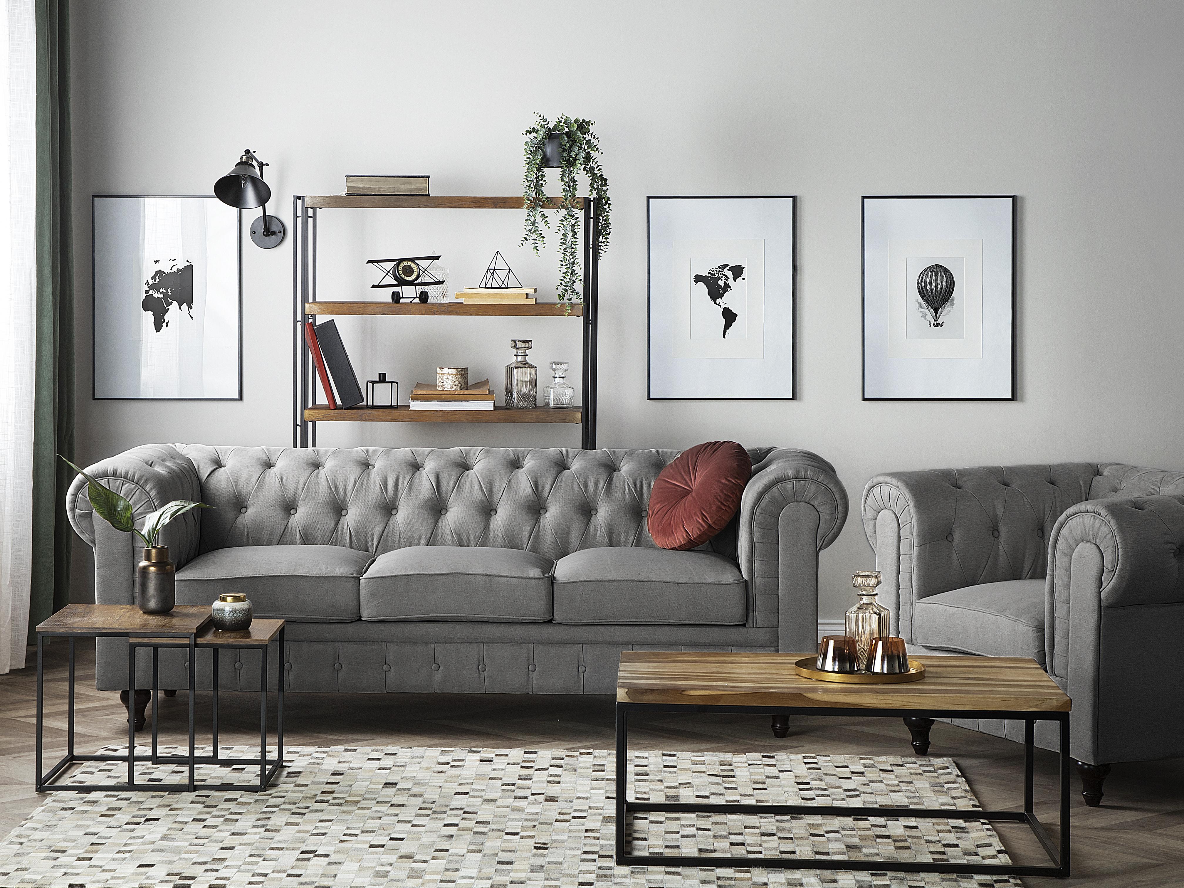 Sofa 3 Seater CHESTERFIELD Fabric Light Grey_719588