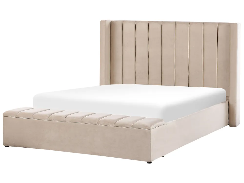 Waterbed with Storage Bench NOYERS Velvet Beige 160 x 200 cm (EU King Size)_915217