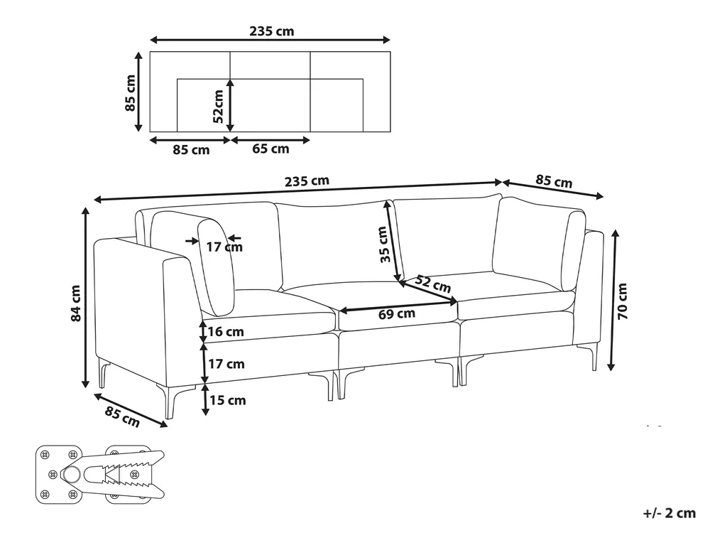 Modular Sofa 3 Seater EVJA Velvet Navy Blue_859699