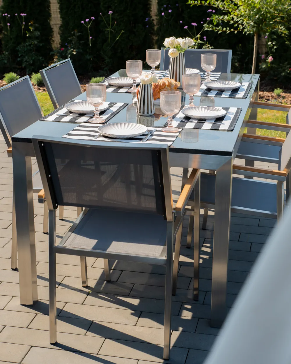 Garden Dining Set 6 Seater GROSSETO Granite Polished Grey_1017931