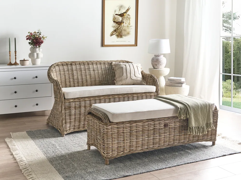 Garden Bench with Cushion SUSUA 150 cm with Ottoman Rattan Natural_957576