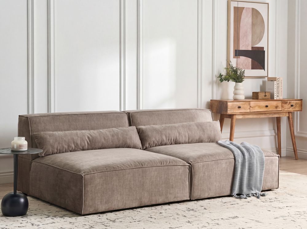 Modular Corner Sofa 3 Seater HELLNAR with Ottoman Fabric Light Brown Left Hand