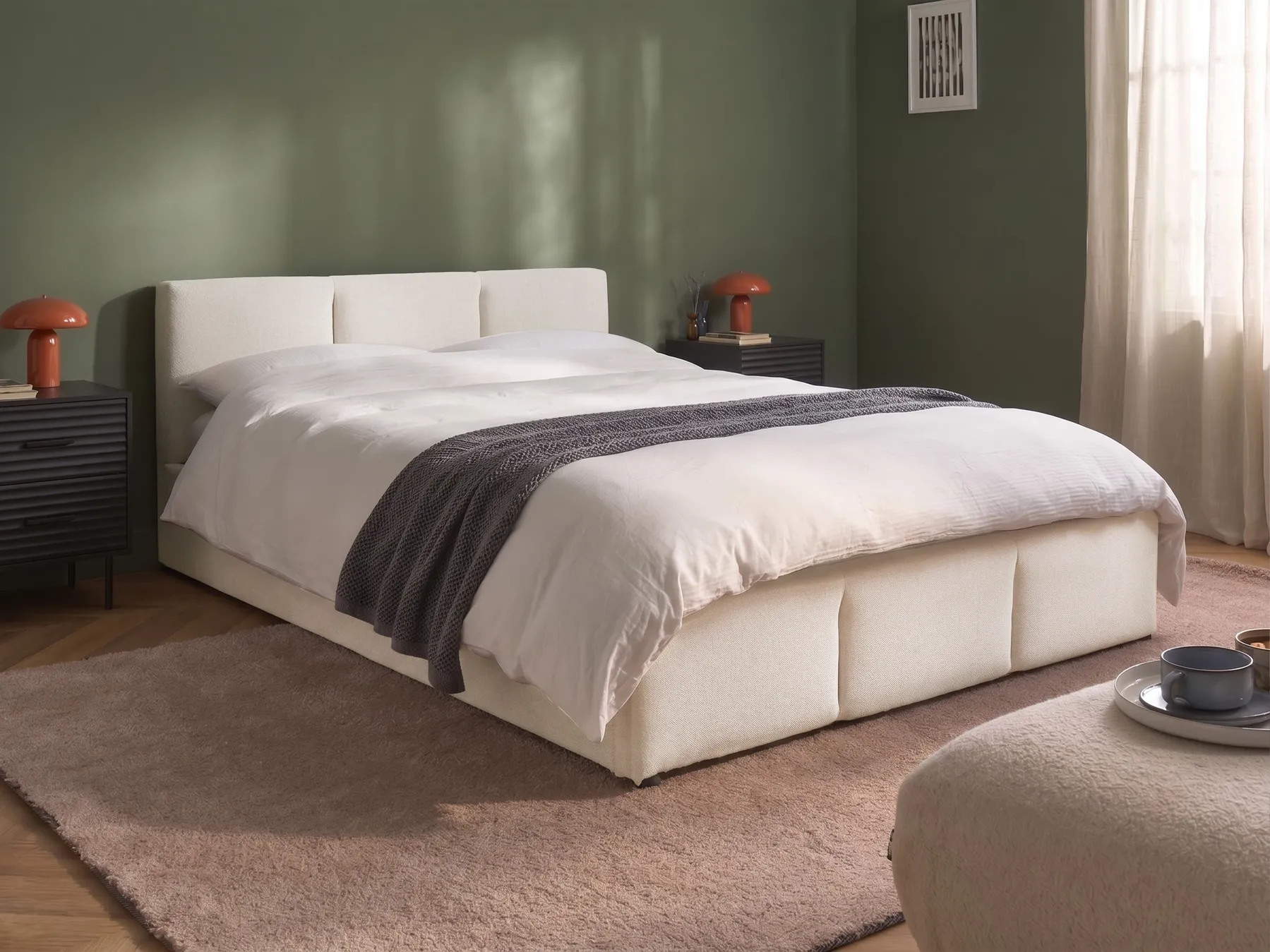 Ottoman Bed BOUSSE Fabric Off-White 140 x 200 cm (EU Double)_1074736