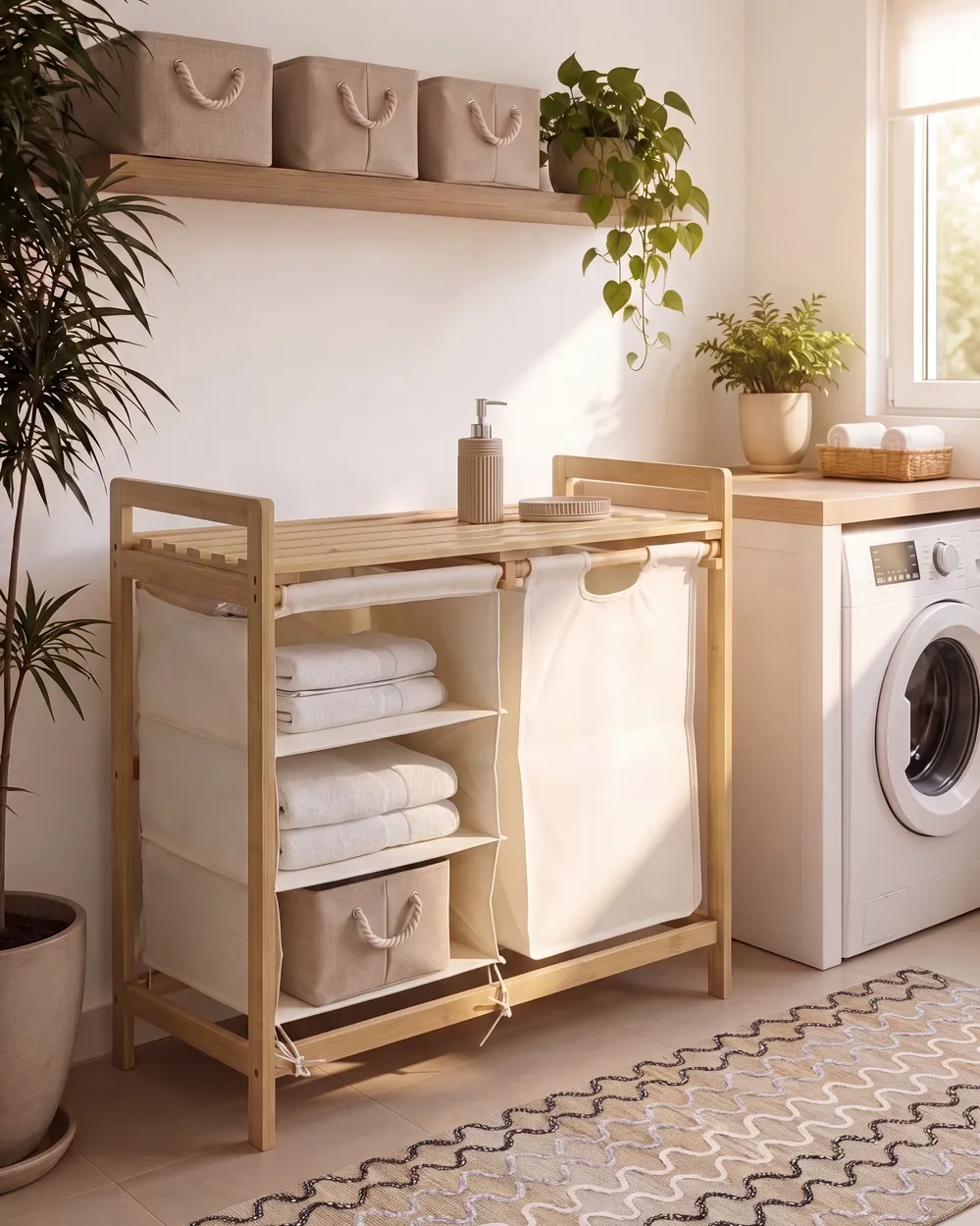 Laundry Basket TOROTAL Bamboo Light Brown/ White 120 L