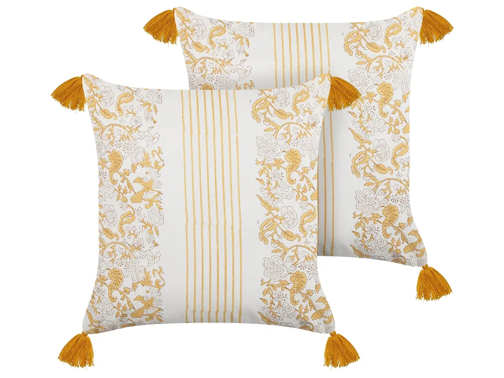 Set of 2 Decorative Cushions BILOBA 45 x 45 cm Cotton Yellow Floral Pattern