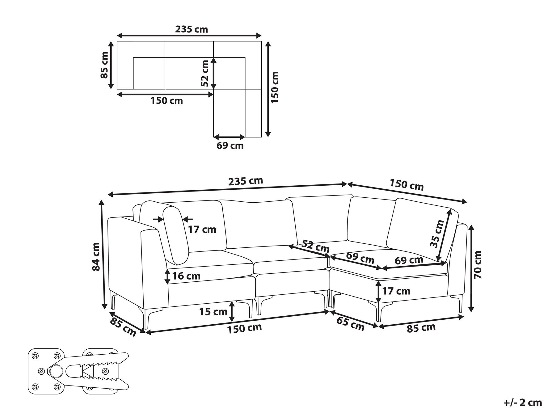 Modular Corner Sofa 4 Seater EVJA Velvet Navy Blue Left Hand_860020