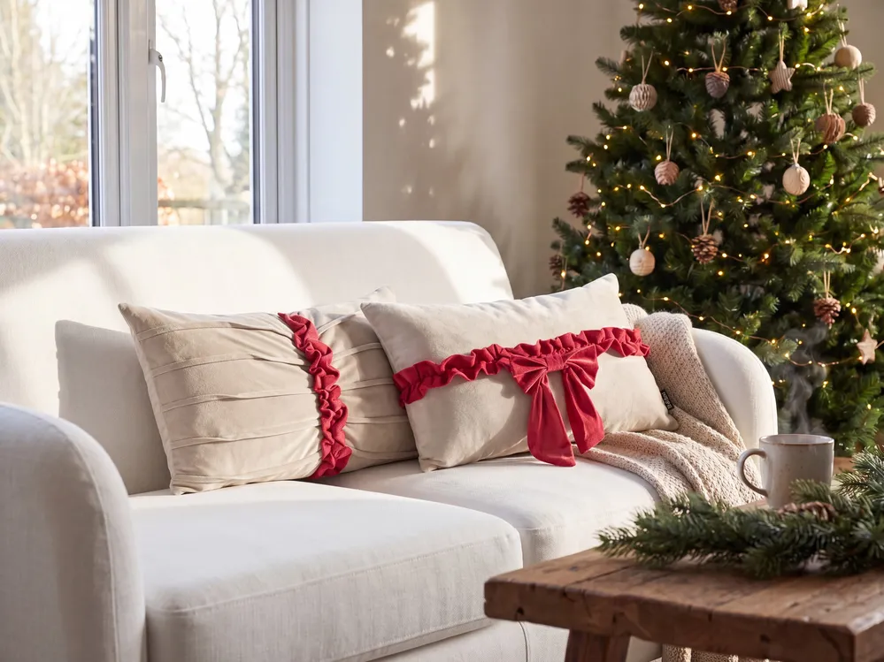 Set of 2 Decorative Cushions BELLE 50 x 30 cm Velvet Taupe Christmas Motif
