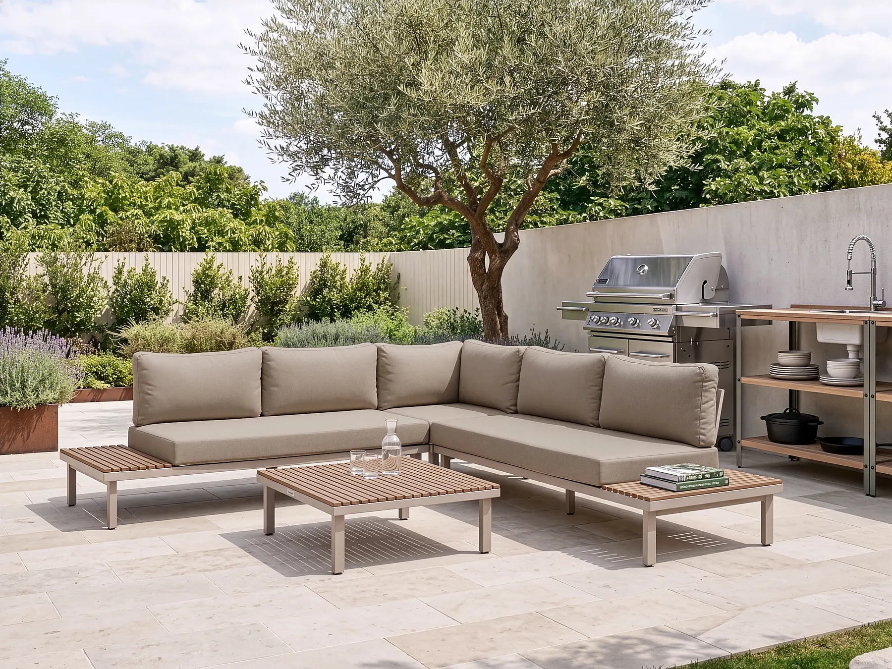 Trädgårdshörnsoffa med bord 5-sits FIVIZZANO Akaciaträ Beige_1159258