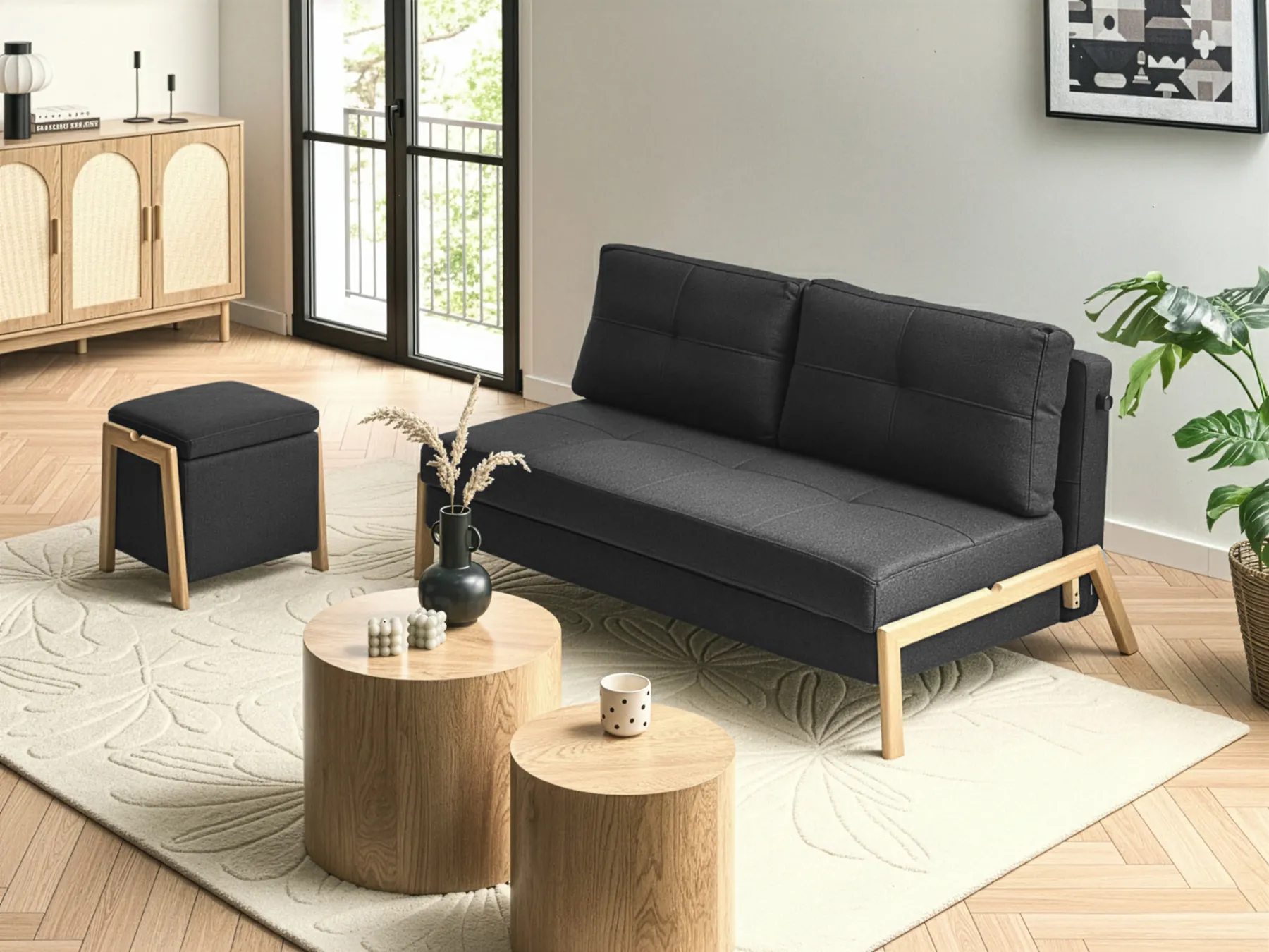 Living Room Set 3 Seater EDLAND with Pouffe Fabric Black_1040818