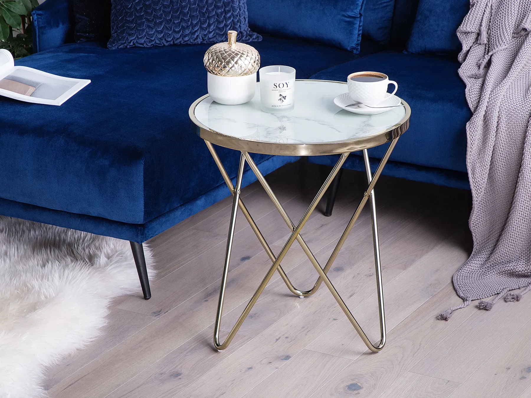 Side Table MERIDIAN Tempered Glass Marble/ Gold_758996