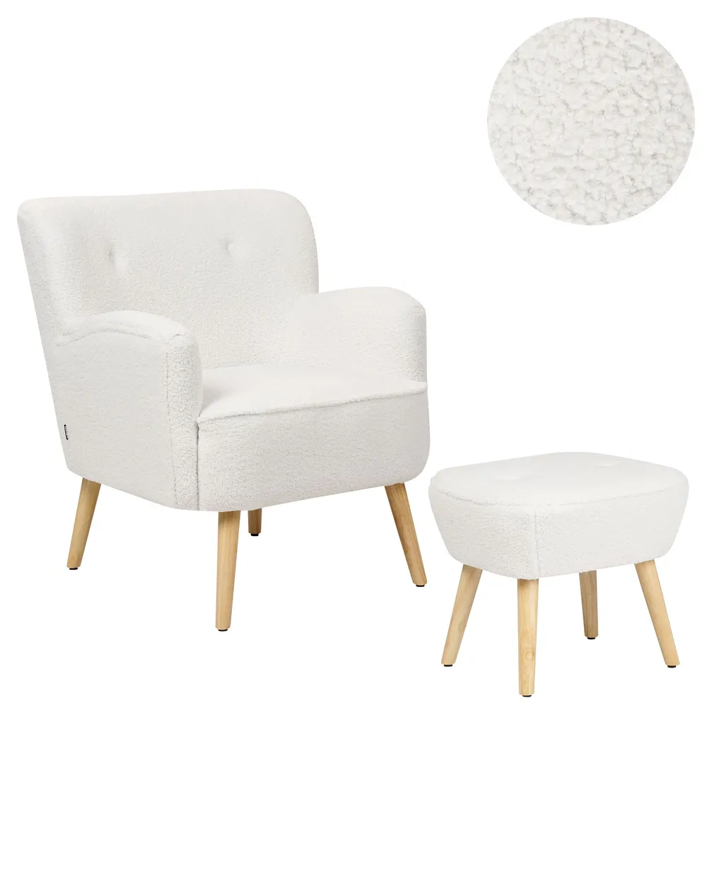 Armchair TUMBA with Footstool Boucle White