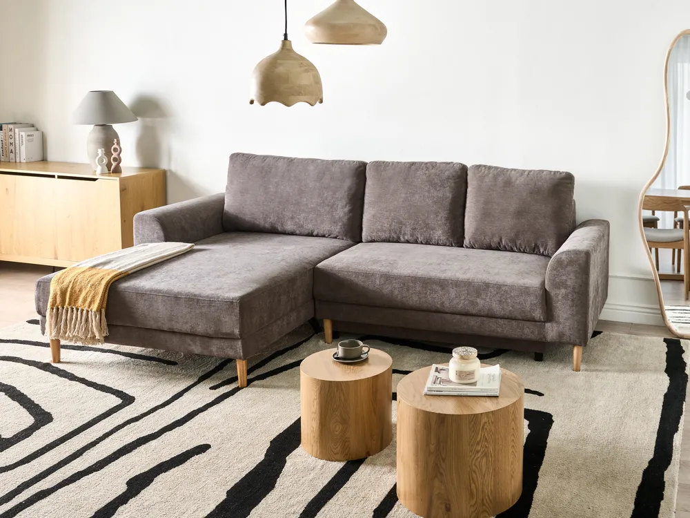Corner Sofa Bed 3 Seater NUBORG Chenille Taupe Right Hand