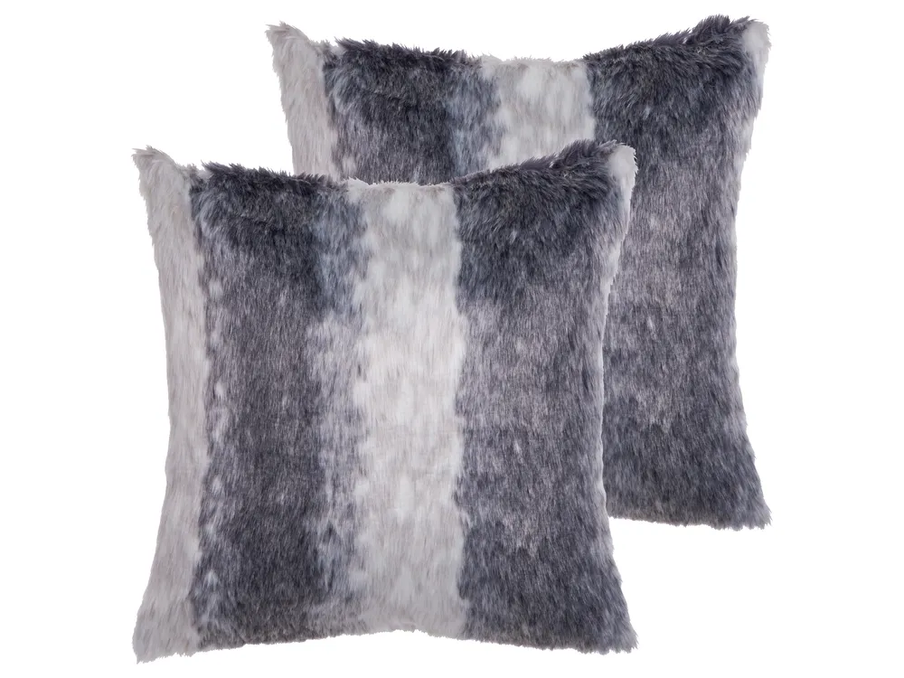 Set of 2 Decorative Cushions HORDEUM 45 x 45 cm Faux Fur Grey Striped