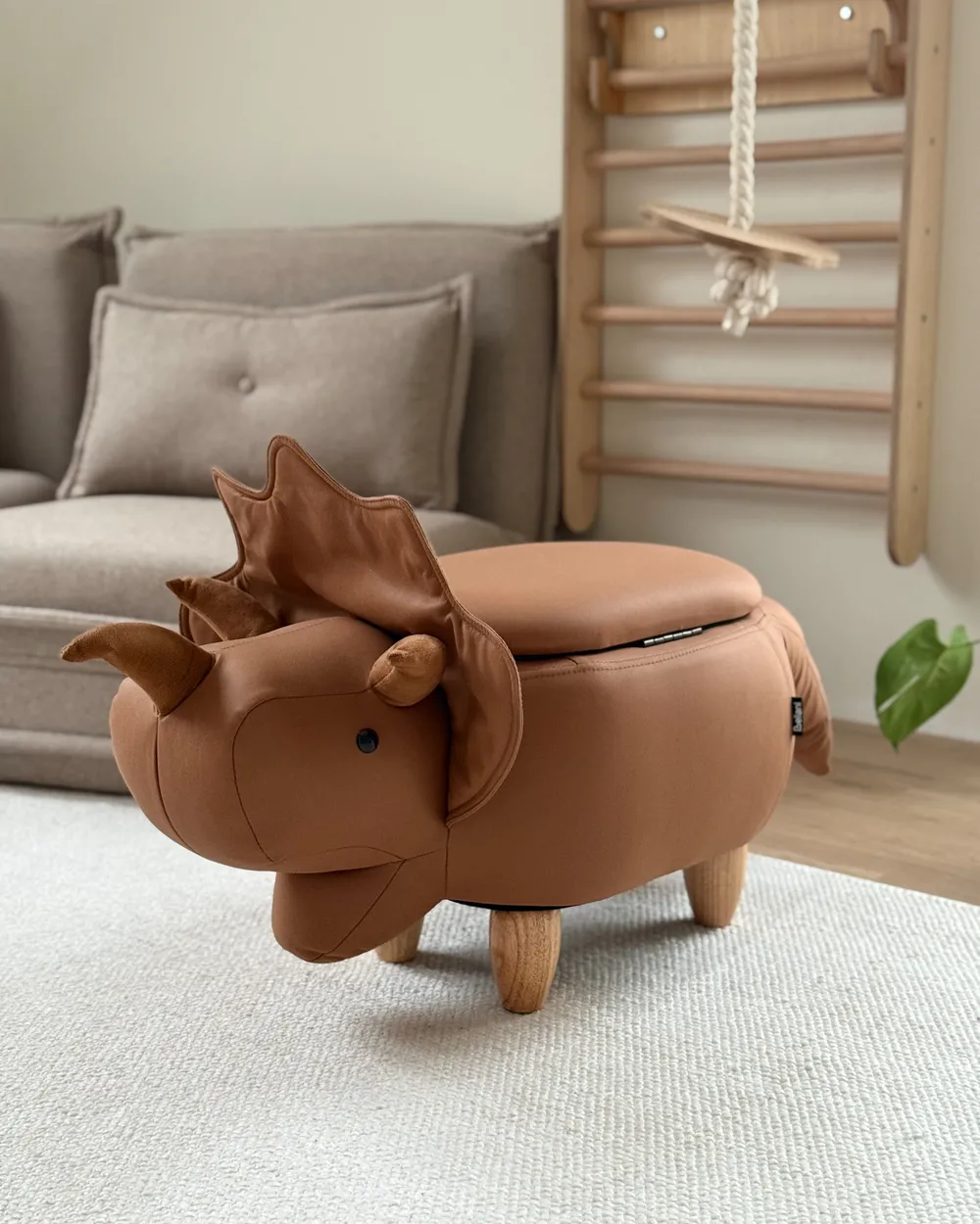 Storage Animal Stool TRICERATOPS Dinosaur Fabric Brown_1062802