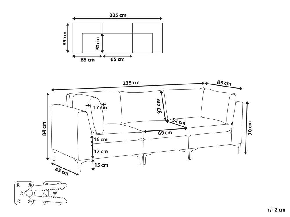 Modular Sofa 3 Seater EVJA Velvet Grey_817790